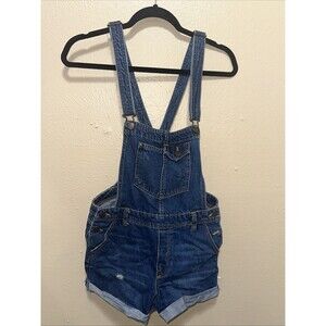 Bershka Denim Overalls Shorts XS Dark Wash Distressed Casual‎